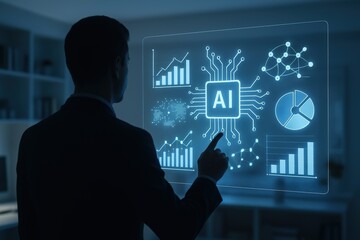 Businessman interacting with futuristic AI data interface display
