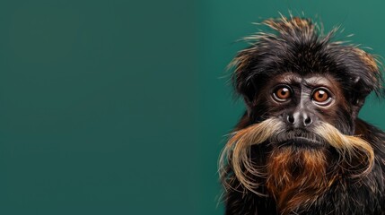 Close-Up of Monkey with Mustache on Green Background with Copy Space for Text