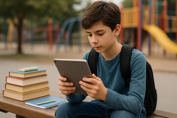 Young boy with backpack using tablet in playground during study break