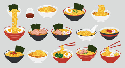 Japanese Ramen Noodles and Toppings Vector Set &ndash; Traditional Asian Food Icons