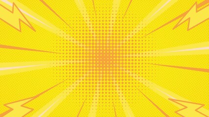 Yellow halftone comic background animation with fast lines around and lightning bolts. Loop playback on 4K footage. Suitable for comics, prints, posters, etc. - Powered by Adobe