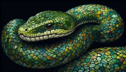 Fototapeta premium A stunning close-up of a green snake with a mosaic-like pattern against a dark background.