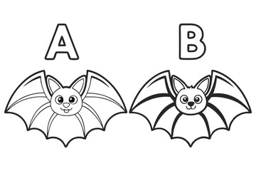 Two cute outlined cartoon bats sit under the letters A and B against white