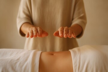 Holistic reiki healing session with practitioner performing energy therapy over relaxed patient