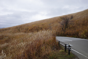 A road cutting through a vast, grassy hillside under an overcast sky. The grass on the hill has a dry, golden-brown hue, suggesting either autumn or a dry season. 