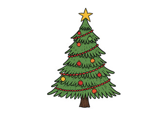 A cartoon christmas tree decorated with ornaments and a star on a white background illustration