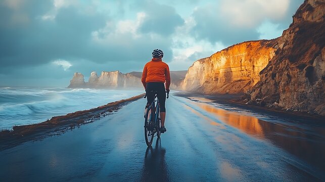Cyclist on wet coastal road