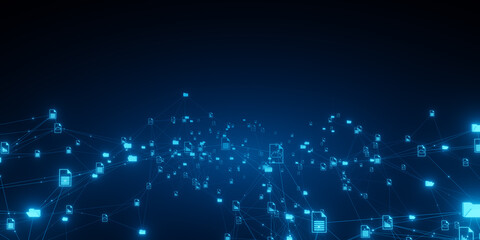Abstract digital network of data, documents, and folders with glowing lines