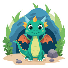 Naklejka premium Smiling Cartoon Dragon with Orange Wings Sitting Outside its Blue Stone Cave