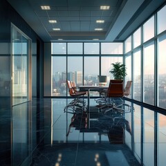 Modern office with panoramic city view, sleek design, and polished floors