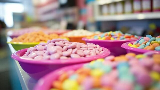 A variety of colorful sweets adorning the candy store counter.
