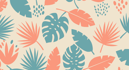 Fototapeta premium Seamless pattern featuring tropical leaves such as monstera and palm, combined with abstract pastel shapes. Perfect for fabric design, wallpaper, wrapping paper, or summer-themed backgrounds