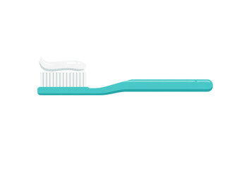 A turquoise toothbrush with white toothpaste on the bristles against a white background in a flat lay view