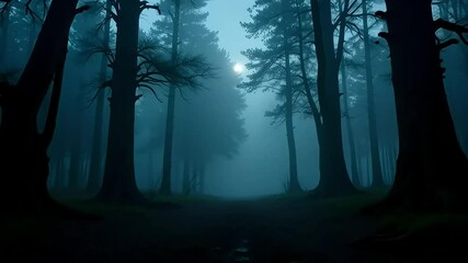 Dark foggy forest background video with moonlight and trees for spooky halloween scene - Powered by Adobe