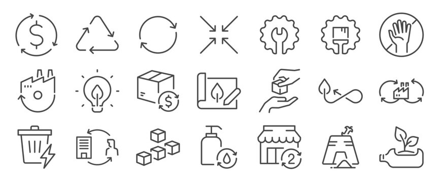 Circular economy icon set. It included business, eco, green, sustainable and more icons. Editable Vector Stroke.