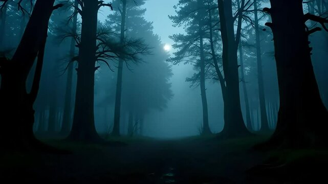 Dark foggy forest background video with moonlight and trees for spooky halloween scene