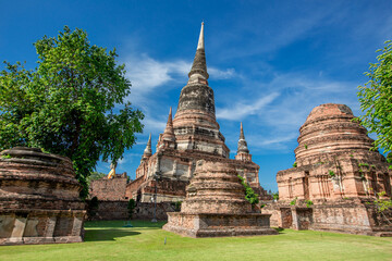Background of ancient sculptures of the chedi in Wat Yai Chai Mongkol, Ayutthaya, Thailand, which is worth preserving for future generations to study its history.
