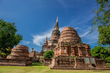 Background of ancient sculptures of the chedi in Wat Yai Chai Mongkol, Ayutthaya, Thailand, which is worth preserving for future generations to study its history.