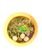 Top view of Stewed beef soup with morning glory, focus selective