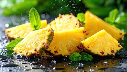 Fresh pineapple slices with mint