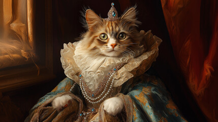 Regal Cat Portraits in Royal Attire – Animal Photography on vintage renaissance backgorund