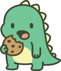 Cute Green Dinosaur Eating a Chocolate Chip Cookie