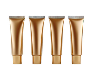 Four golden-toned, cylindrical tubes, arranged in a horizontal row.  Each tube has a smooth, metallic finish and a slightly flared top