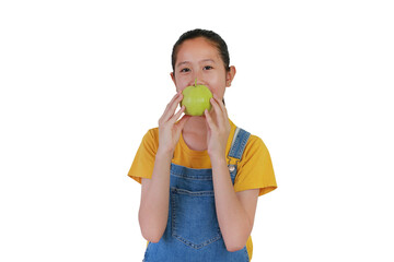 Portrait of Asian girl holding a fresh guava in hand and looking camera isolated on white studio background.