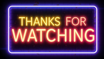 Neon “Thanks for Watching” text with glowing purple and yellow colors on dark background. Perfect for video outros, streaming channels, social media graphics, or digital thank-you screens.