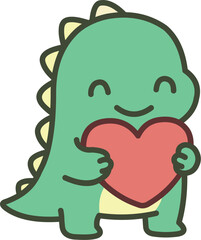 Happy Cute Green Dinosaur Holding or Hugging a Big Red Heart, Expressing Love and Kindness