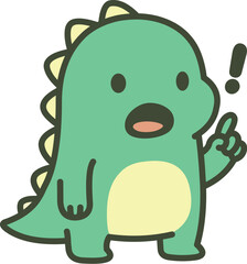 Cute Green Dinosaur Pointing Up with an Exclamation Mark, Surprised or Having an Idea
