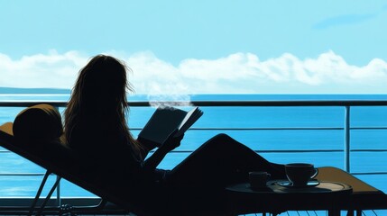 A long-haired woman is lying on a comfortable chaise lounge on the deck of a cruise ship, reading a book intently. A steaming cup of coffee sits on a small coffee table next to her. 