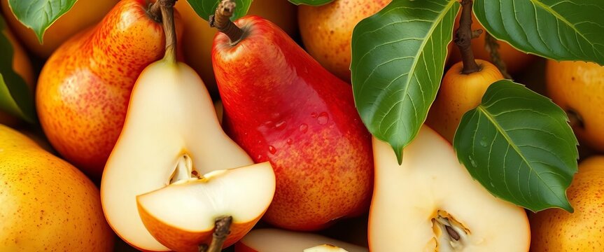 Juicy ripe Forelle pears, whole & sliced, with green leaf & falling droplets  Fresh harvest, diet, ripe pear