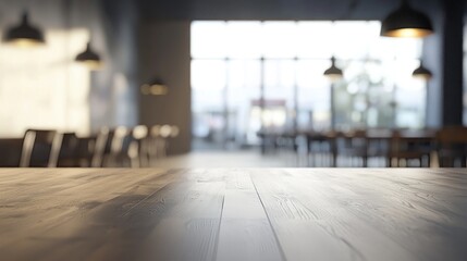 A wooden table with a blurred restaurant background, featuring a modern design with a minimalist aesthetic.