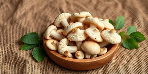 Lingzhi mushrooms on rustic wooden dish, brown fabric backdrop  Empty space for product placement, background, herbal