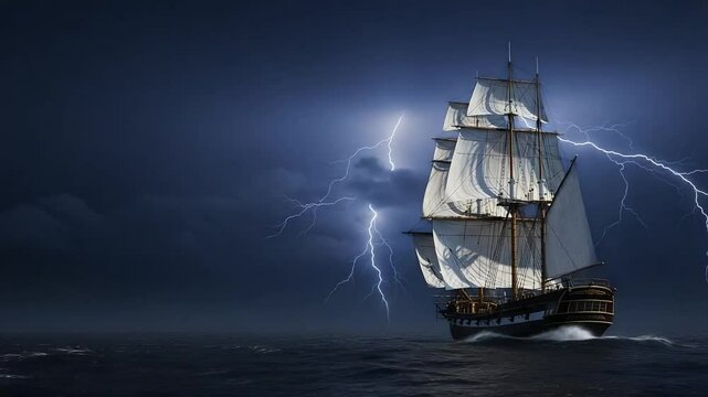 Sailing ship in stormy ocean with lightning flash over the water  