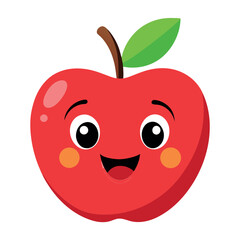 Obraz premium Smiling Red Apple Cartoon Illustration With Eyes, Mouth, Cheeks, Stem and Green Leaf