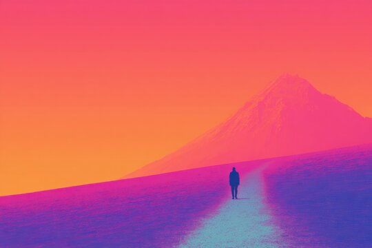 Lone traveler walking away from crowd toward distant mountain