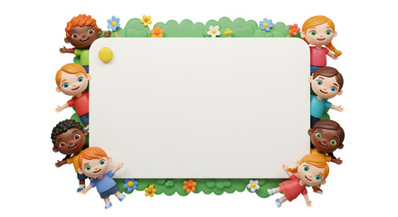 Fototapeta premium A delightful array of diverse children surrounds a blank whiteboard, framed by whimsical floral and foliage elements, creating a vibrant invitation for learning, communication, and imagination.