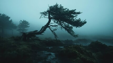 Windswept Tree on a Misty Moor