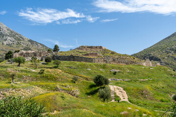 Greece, Peloponnese, Mycenae - 31 March 2024 -  View of the ruins of ancient Mycenae surrounded by...