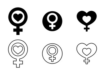 Female Gender Icons. and Outline Feminine Icons Set.