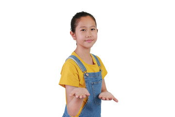 Portrait of Asian girl child smiling and welcoming you gesture against white background isolated. Kid showing a welcome expression.