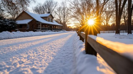 Winter Sunrise at Snowy Farmhouse