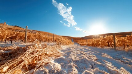 Winter Vineyard Landscape with Frost and Blue Sky