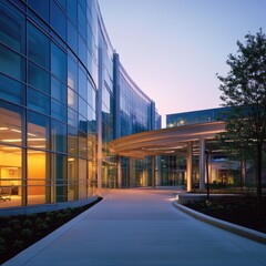 Modern glass building entrance at dusk, landscaped pathway