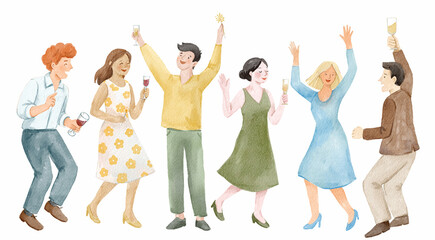 Watercolor hand drawn illustration of happy people dancing and celebrating with drinks. Perfect for party, holiday, or festive themes.