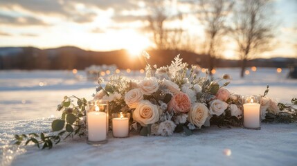 Winter Wedding Flowers and Candles at Sunset