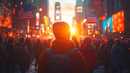 Fototapeta premium Citizens Celebrating with American Flags in Parade High Resolution Picture