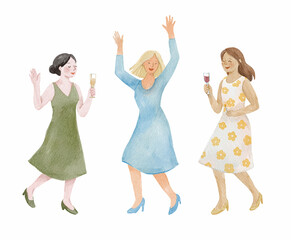 Watercolor hand drawn illustration of women dancing and celebrating at a party with drinks. Perfect for party, holiday, or festive themes.